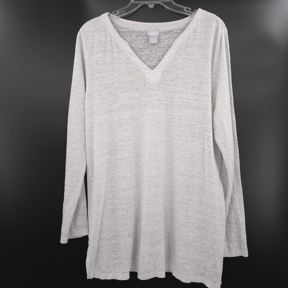 Chico's Linen Top Womens Size M Gray V-Neck Long Sleeve Slub Knit Side Slit